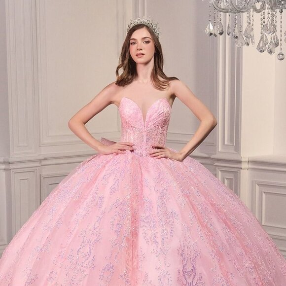 New Pink Strapless Layered Quinceanera Tulle Gown w/ Sequins Embroidery CD 15732 - Picture 3 of 10